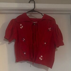 Red Knit Cardigan with Floral Embroidery